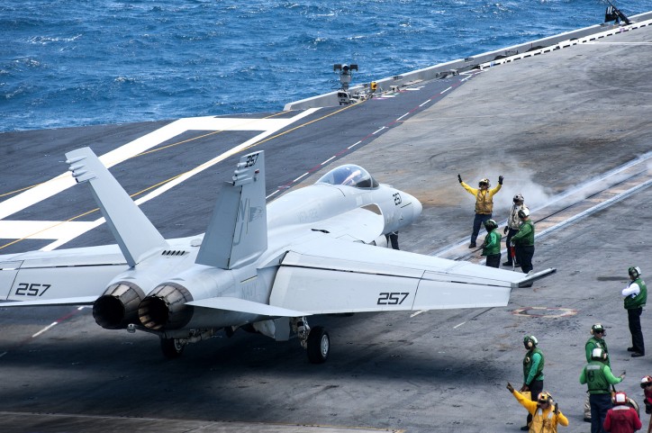 F/A-18E Hornet assigned to the Flying Eagles of Strike Fighter Squadron (VFA) 122 prepares to launch from the flight deck of USS Truman: