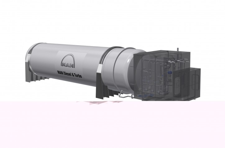 Rendering of the MAN Cryo vacuum insulated storage tank plus auxiliary equipment to be installed aboard the new ferry