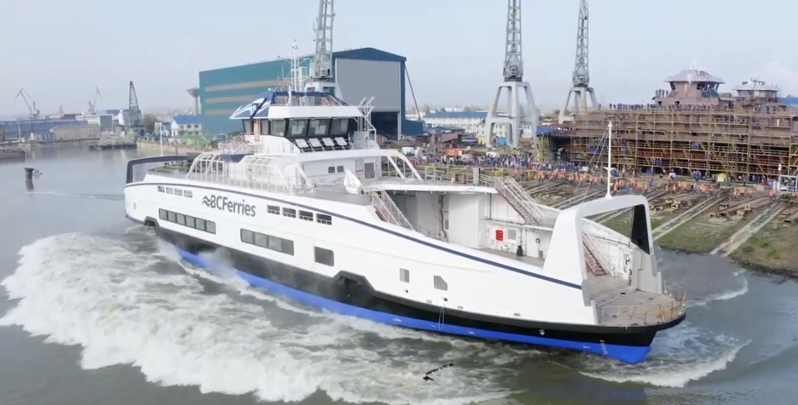 BC Ferries' third battery-electric hybrid vessel launches at Damen Shipyard (Video)