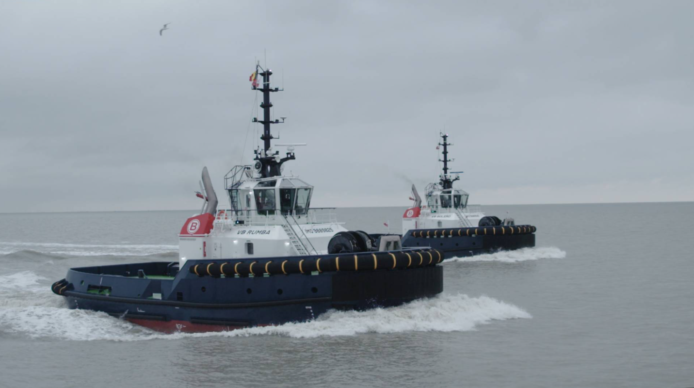 A pair of newbuild Damen tugs, VB Bolero and VB Rumba. arrived over the weekend to their homeport Zeebrugge in Belgium. Photo courtesy: Mike Louagie and Redhead TV for Boluda Towage