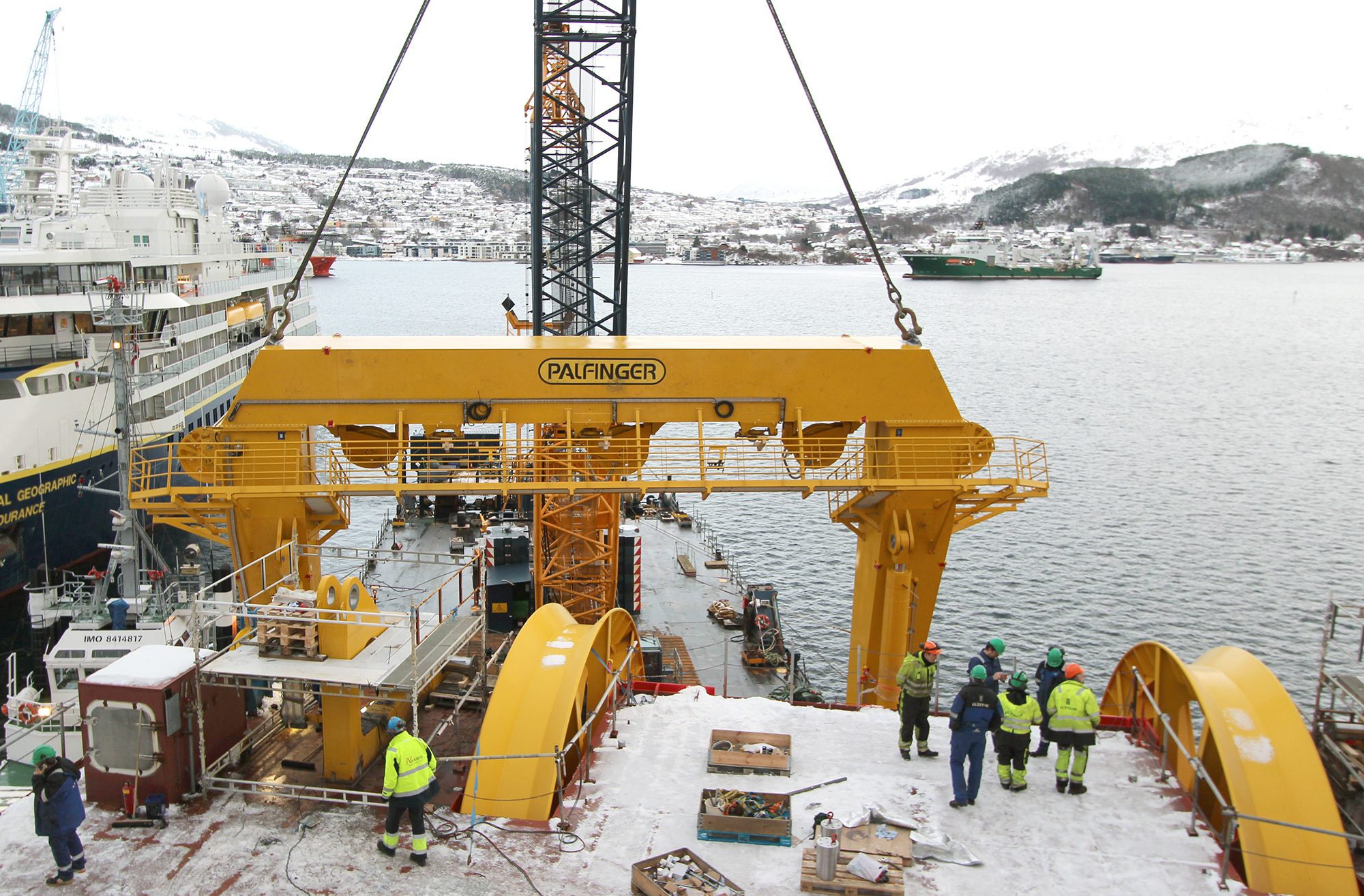 150-tonne, A-frame for the DP3 cable laying vessel Nexans Aurora, under construction at Ulstein Verft, lifted into position
