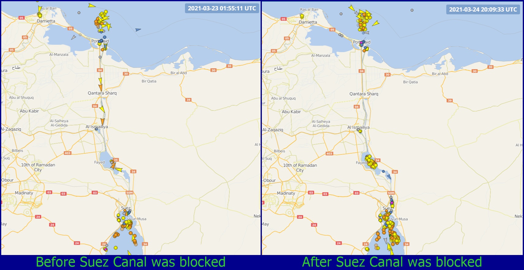 Before and after the blockage of Suez Canal