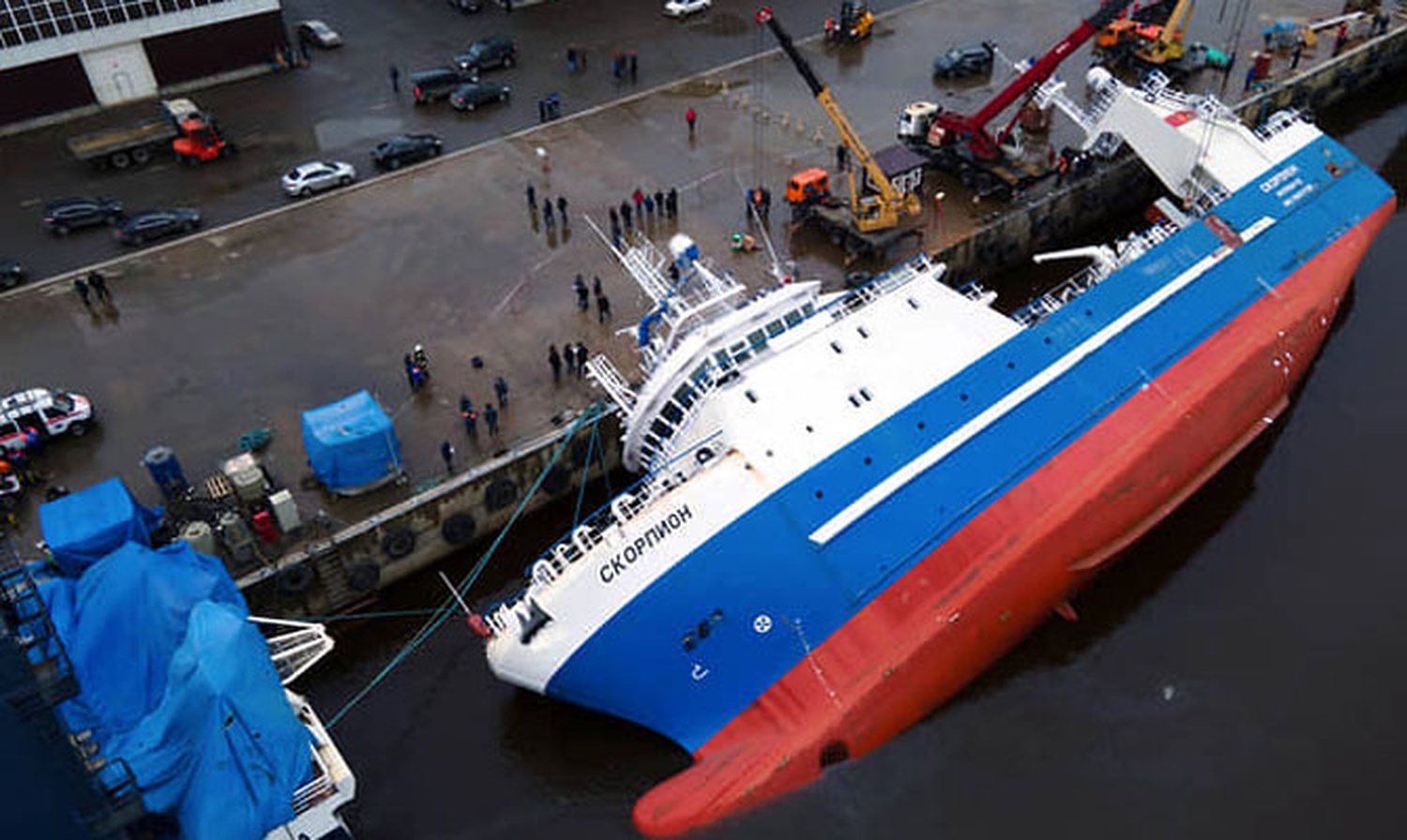 WATCH: Fish factory ship under construction capsized, sank at shipyard, Russia