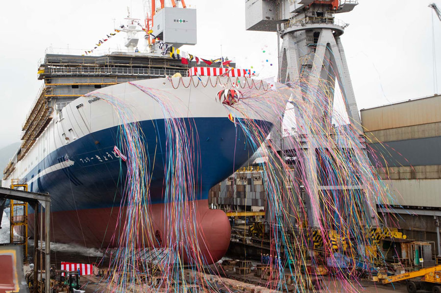 Mitsubishi Shipbuilding Holds Christening and Launch Ceremony in Shimonoseki for Large Ferry Built for Meimon Taiyo Ferry