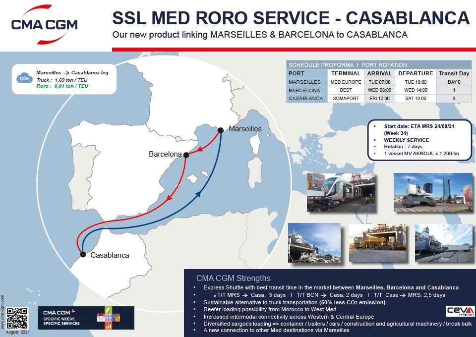 CMA CGM to launch a new RORO Short Sea Med service connecting Marseille & Barcelona with Casablanca
