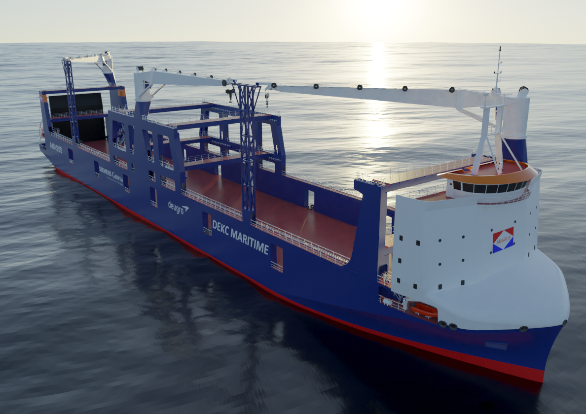 deugro Announces Newbuild Vessels Rotra Futura and Rotra Horizon in Cooperation with Siemens Gamesa Renewable Energy and Amasus Offshore B.V. deugro Danmark and its partners Siemens Gamesa and Amasus Offshore B.V. will bring two newly designed vessels—customized for transporting offshore wind turbine components—to the market. Siemens Gamesa and deugro have entered into a long-term charter agreement for these newbuild vessels, Rotra Futura and Rotra Horizon, which will be delivered in 2025. The new concept builds upon the existing tailor-made and award-winning Rotra concept with the Rotra Mare and Rotra Vente vessels. Since 2016, this concept has proven to be very successful—reducing risk, loading time and costs by utilizing a unique RO/RO and gantry system when transporting offshore wind turbine components. The new vessels have been designed to accommodate the increasing size and weight of the next generations of offshore wind turbine components and, at the same time, to ensure best-in-class cargo intake and operational flexibility. Rotra Futura and Rotra Horizon will measure 167.6 x 26 meters, with the deckhouse and accommodation placed forward to ensure optimal cargo intake without any line-of-sight limitations. The vessels will be fitted with a stern RO/RO ramp, three Liebherr cranes and a unique gantry system, allowing stowage of blades in three tiers, providing excellent flexibility in cargo composition and method of loading. Reducing the overall carbon footprint was one of the main drivers in the design phase and conceptual development of these new vessels. Energy consumption has been reduced thanks to an aerodynamically and hydro-optimized hull shape, a low-resistance special hull coating and a state-of-the-art Wärtsilä diesel engine with a 15% lower consumption and carbon footprint compared to today’s standards. In addition, an efficient power train with hybrid propulsion system and an exhaust gas cleaning system meeting the highest IMO Tier 3 standards have been integrated into the new vessels, with special attention also being paid to waste heat recovery. “The aspect of reducing the carbon footprint will be even more important in the future of the offshore wind industry,” says Hans Henrik Groen, Branch Manager and Managing Director of deugro Danmark. “Being and staying at the forefront of wind energy industry requirements build the base of our joint success.” “In Rotra Futura and Rotra Horizon we have the right assets in place to meet future challenges and to perform essential operations. With the expansion and development of our cooperation, we are looking forward to welcoming these two new vessels. Alongside strategic partnerships with other key suppliers, this new combined fleet will ensure that we have a strong foundation from which we can execute and deliver in line with our operational expectations,” says Thomas Mortensen, Head of Offshore Project Transportation at Siemens Gamesa. “deugro Danmark and its partner Amasus Offshore are delighted and proud to again be selected by Siemens Gamesa as the preferred supplier of a groundbreaking and trendsetting concept in the offshore wind industry,” adds Hans Henrik Groen. “This also clearly underlines the success of the trilateral collaboration in the past and in the future. And I personally want to thank the joint project team, and their hard work, that made this possible.” Christian Johansen, Global Commodity Manager for Ports & Transportation in Siemens Gamesa’s offshore business unit, adds: “With our record order backlog, we will be installing a significant number of wind turbines at sea globally, with increasingly larger and more complex components. With this agreement, we have taken another important step towards securing our ability to execute projects safely, on time and at the right cost level.” “The joint trilateral development of these new vessels marks an important milestone and contribution to the aspiration in creating a sustainable future. As Amasus’ directors, we are proud of our legacy achievements, and we are delighted and honored to contribute to this new era together with our partners from deugro Danmark and Siemens Gamesa,” Amasus Offshore B.V. adds. The two new vessels will be built at Jiangsu Zhenjiang Shipyard in China and are scheduled for delivery in spring and summer of 2025.