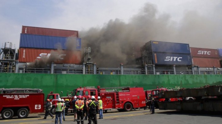 221-meter long container ship Cape Moreton caught fire in Manila port