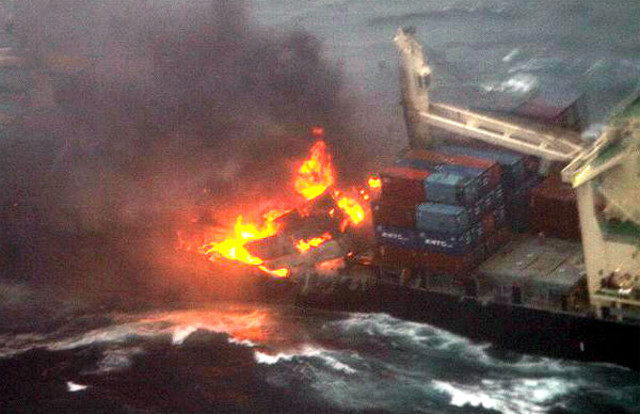 Containership Kamala on fire in East China Sea