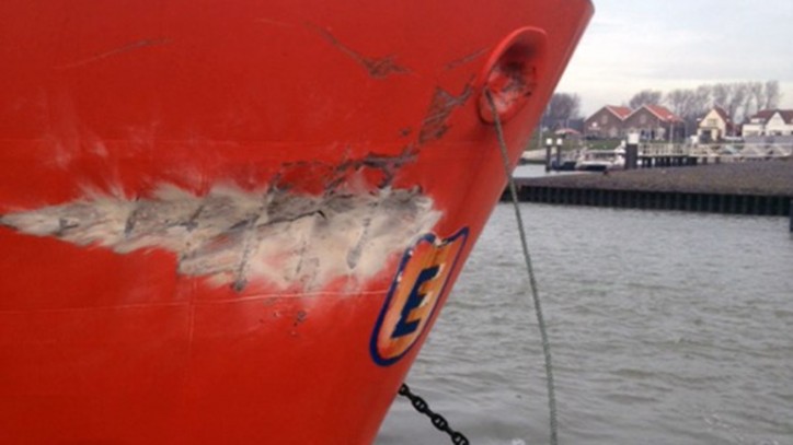 Tanker Georg Essberger suffered bow damage after allision with Stena quay in Hoek van Holland on Jan 19, 2016.