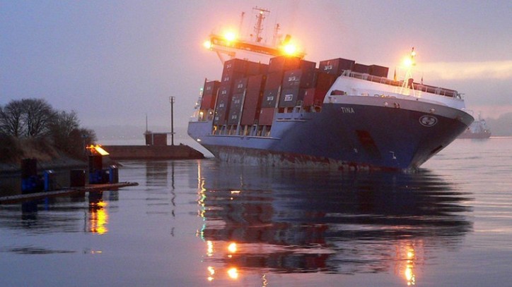 Container ship Tina Runs Aground off the Kiel Canal locks in Holtenau, Germany