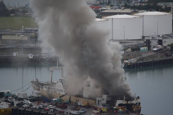 Fishing trawler Desert Rose caught fire in Lyttelton Port of Christchurch, New Zealand on Apr 18,2016.