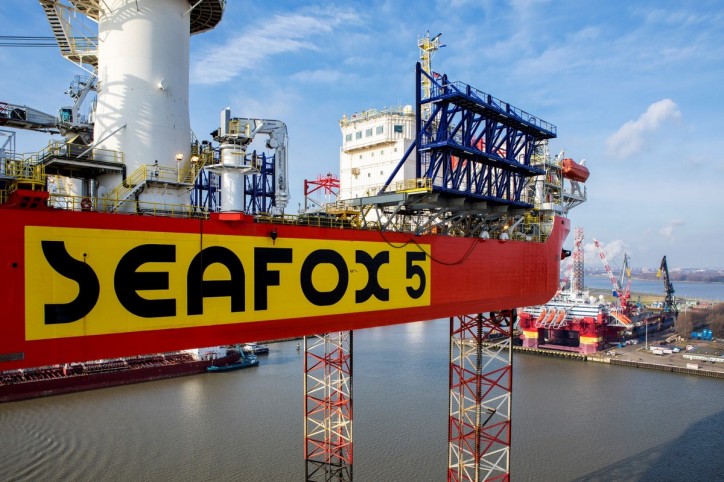 Jack-up vessel Seafox 5 departs Damen Verolme Rotterdam ready for the next generation of wind turbines