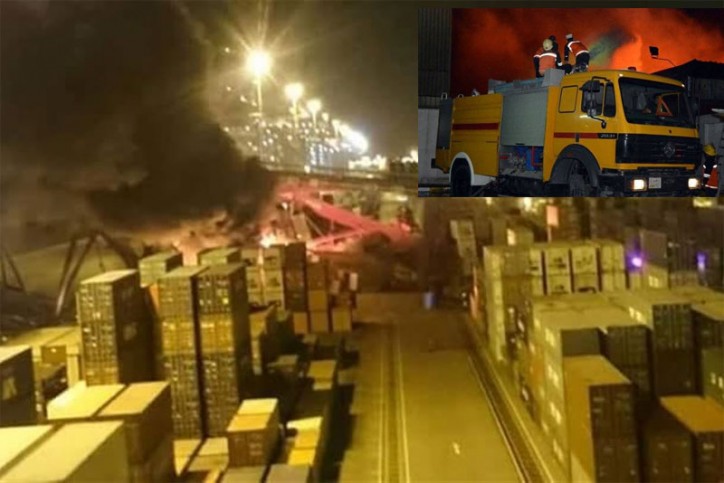 Container ship COSCO HOPE allided with crane in Port Said; 20 plus containers destroyed by fire