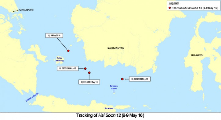 Tracking of tanker Hai Soon 12 on May 8-9 after hijacking off Pulau Belitung, Indonesia