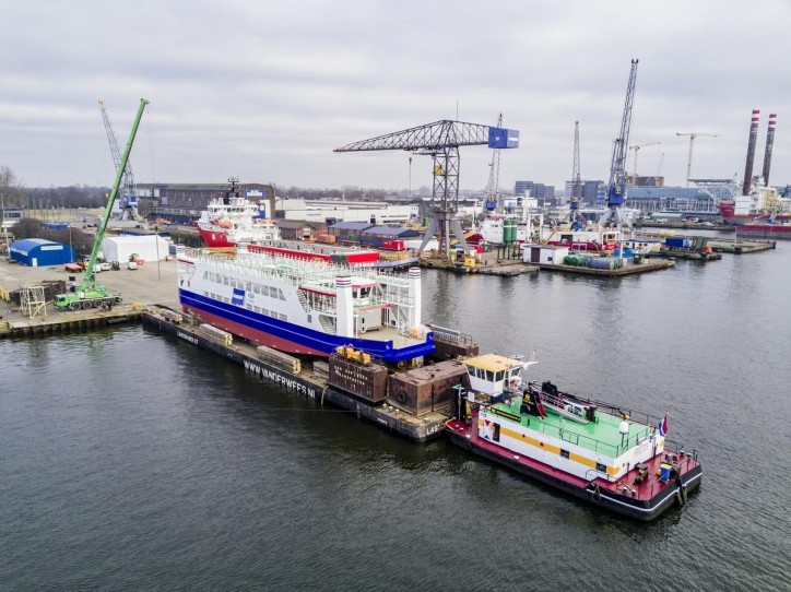 RoPax passenger ferry hull launched at Niron Staal Amsterdam (Video)