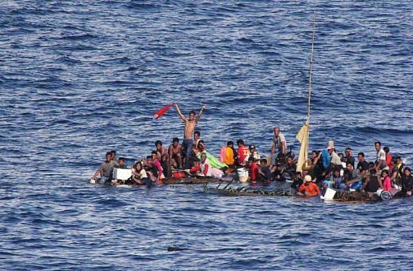 65 people on makeshift bamboo rafts in the waters between the Indonesian islands of Kalimantan and Sulawesi saved by sailors of USS Rushmore on June 10