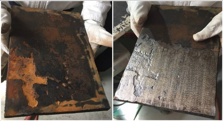 The effect of CoolLaser on steel on deck. Before (left) and after. Photo: NYK