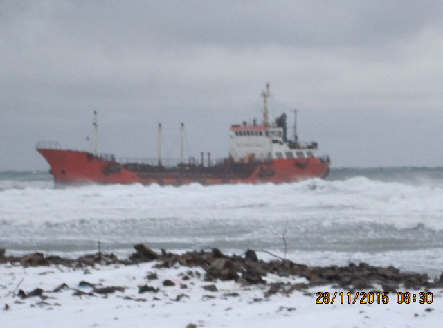 Tanker Nadezhda ran aground in a storm off Sakhalin Island, Russia; Ship’s hull breached