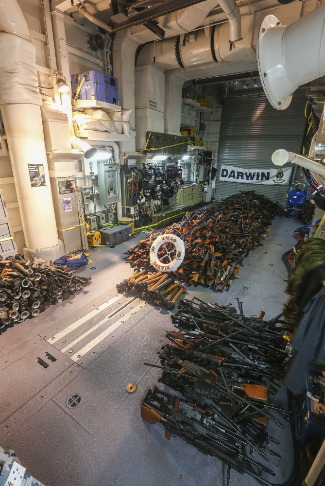 Weapons seized by HMAS Darwin from a small-arms smuggler boarded approximately 170 nautical miles off the coast of Oman.