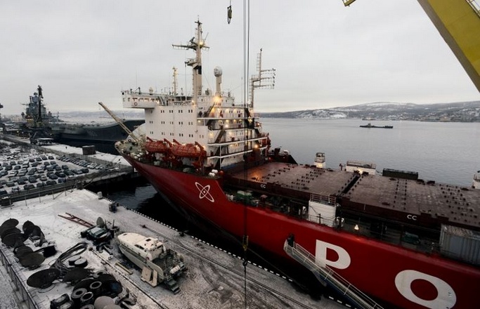 Loading of Nuclear-powered LASH ship Sevmorput commenced at Murmansk Commercial Seaport, Russia