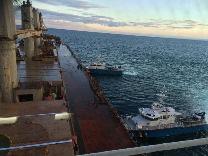 The Search & Rescue Vessels KBV 001 and KBV 034 at the incident site monitoring the lightering work on grounded bulker MV Victoria