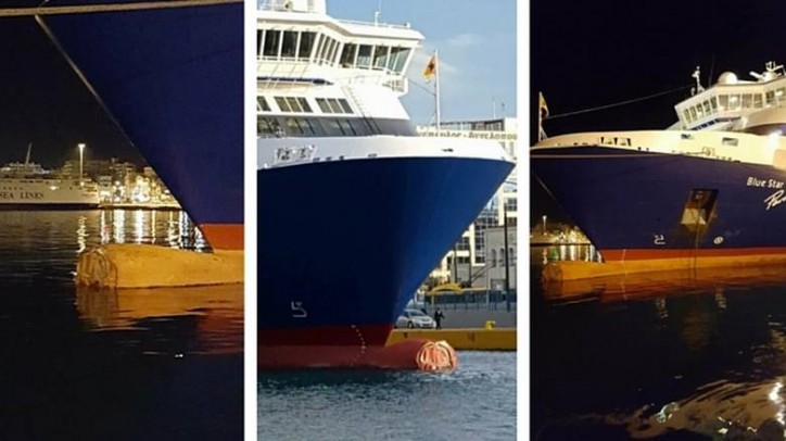 Ferry Blue Star Paros allided with a quay in Piraeus, Greece