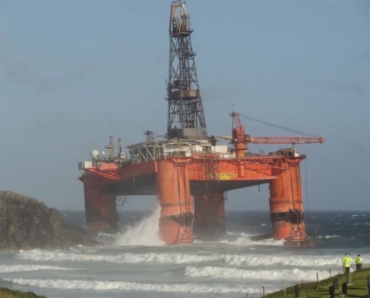 17,000-tonne Drilling rig blown ashore in storms off Western Isles (Video)