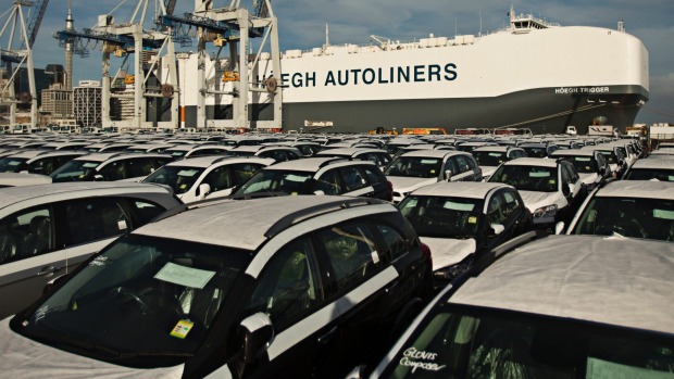 Cars on the dock at Auckland after being unloaded from giant car-carrier Hoegh Trigger.