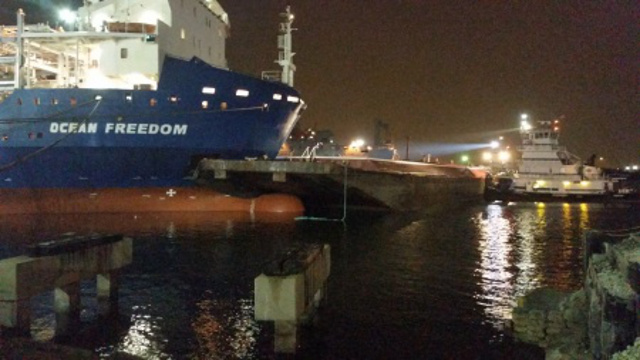 Ship and barge collide in Corpus Christi Inner Harbor, Texas