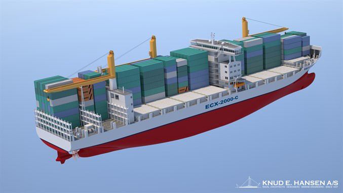 ECX-2000-C 2000 TEU Feeder Vessel of Bankok Max-size with counter rotating propellers - See more at: http://www.knudehansen.com/news/news-from-knud-e-hansen/2016/pioneering-container-feeder-vessel-designs/#sthash.q33fMfxE.dpuf