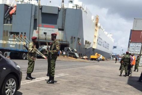 The 6,500-ceu Norwegian car carrier Hoegh Transporter seized at Mombasa port by the local Security agencies, believed to be smuggling drugs and firearms into the country.