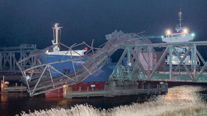 Cargo ship EMSMOON allided with Ems bridge in Papenburg, Germany; Bridge severely damaged