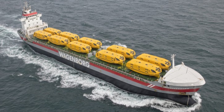 Spotted: Wagenborg cargo ship Vancouverborg delivers 20 lifeboats for newbuild cruise ship