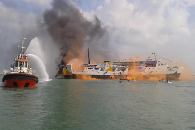 Passenger cargo vessel catches fire in North Maluku, Indonesia