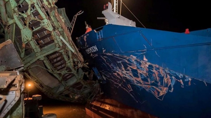 General cargo ship Emsmoon damaged after allision with EMS bridge in Papensburg, Germany on December 3, 2015