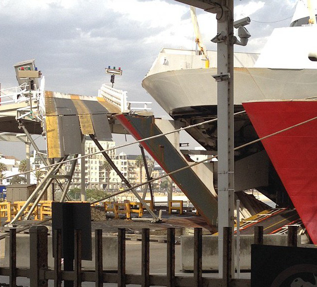 The ferry Spirit of Tasmania 2 has smashed into a Melbourne pier after breaking free from its moorings during a freak storm which lashed the city on Jan 13, 2016. 