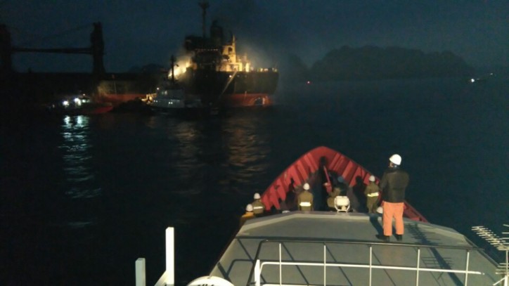 VMRCC rescue teams trying to extinguish fire on board bulker South Star in Tonkin Bay, Vietnam on Feb 2, 2016.