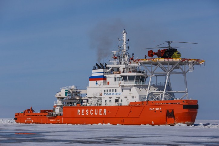 Oblique icebreaker Baltika breaks ice in the Arctic