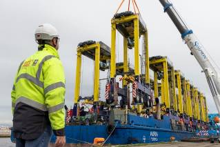 Giant strides for green infrastructure at Grangemouth and Tilbury shipped from Kalmar’s facility aboard the specialist vessel the MV Aura