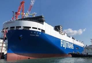 Mitsubishi Shipbuilding Holds Christening and Launch Ceremony of New Roll-on/Roll-off Ship FUGAKU MARU in Shimonoseki