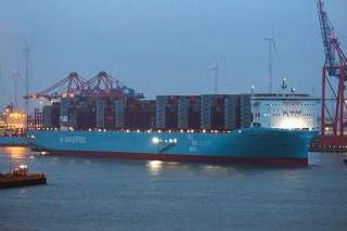 Containership Ane Maersk calls at the Eurogate container terminal in Hamburg for the first time on its maiden voyage from Asia to Europe