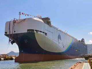 Mitsubishi Shipbuilding Holds Christening and Launch Ceremony of New LNG-Powered Roll-on/Roll-off Ship TRANS HARMONY GREEN in Shimonoseki