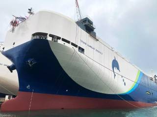 Mitsubishi Shipbuilding Holds Christening and Launch Ceremony of LNG-Powered Roll-on/Roll-off Ship TRANS HARMONY EMERALD in Shimonoseki