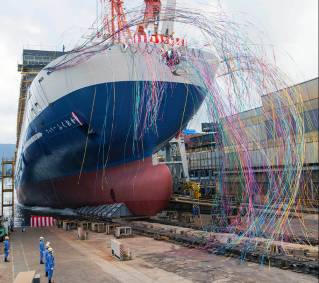 Mitsubishi Shipbuilding Holds Christening and Launch Ceremony in Shimonoseki for Large Ferry Built for Meimon Taiyo Ferry